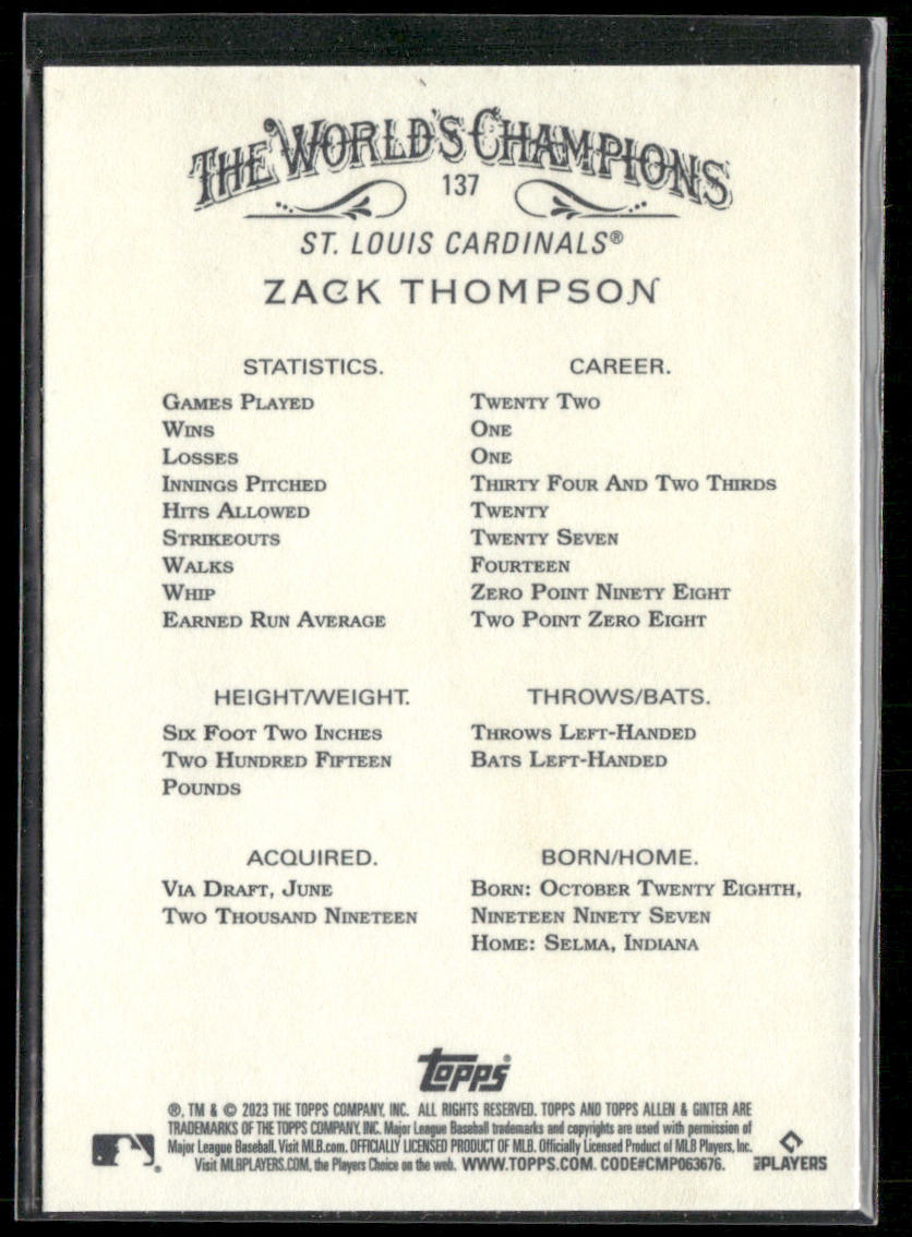 Zack Thompson 2023 Topps Allen & Ginter Silver Portrait #137 RC Cardinals