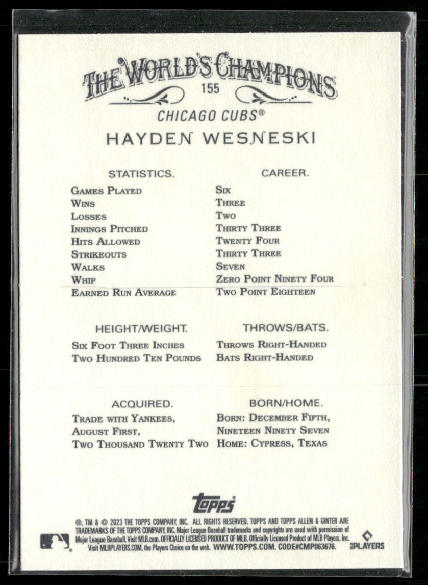 Hayden Wesneski 2023 Topps Allen & Ginter Silver Portrait #155 RC Chicago Cubs