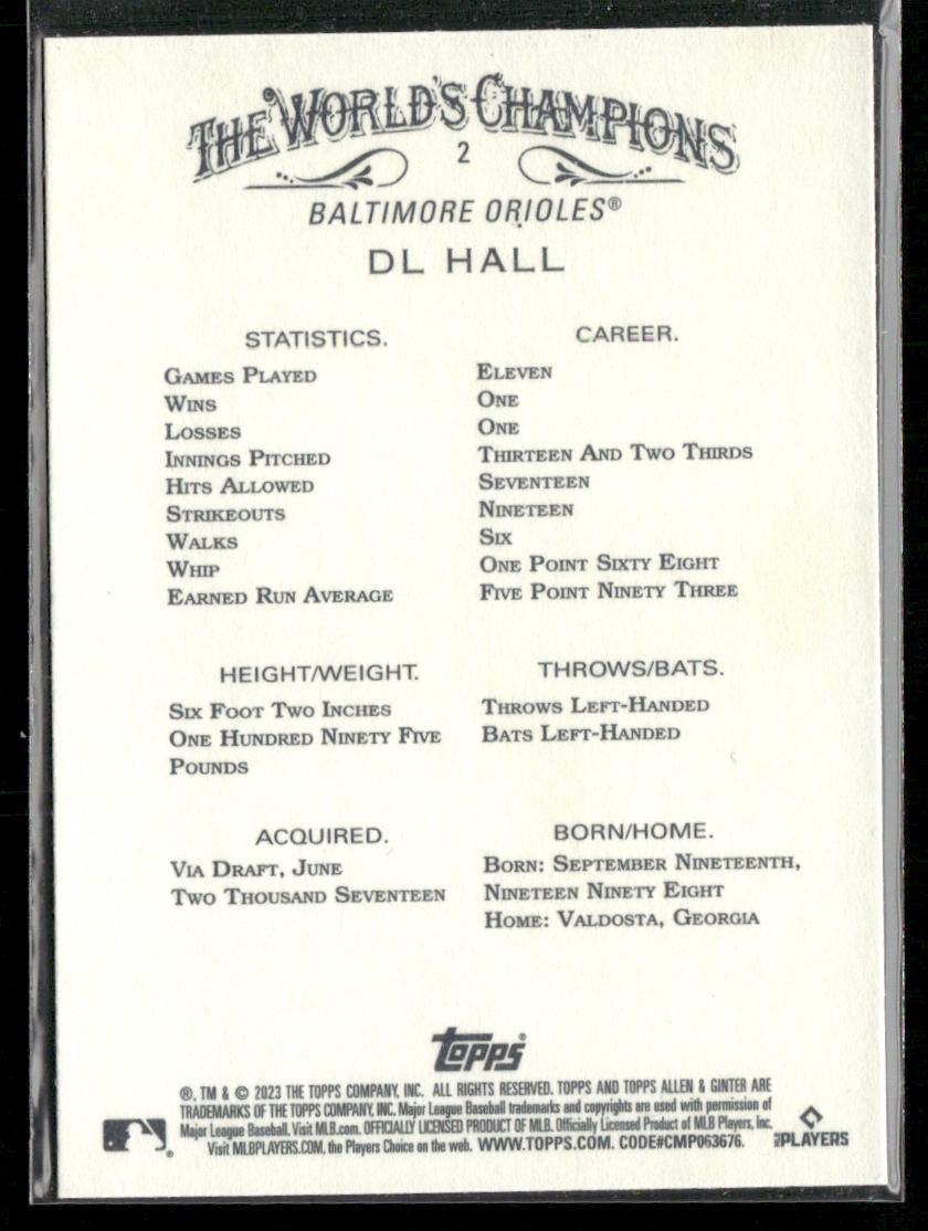 DL Hall 2023 Topps Allen & Ginter #2 RC Baltimore Orioles