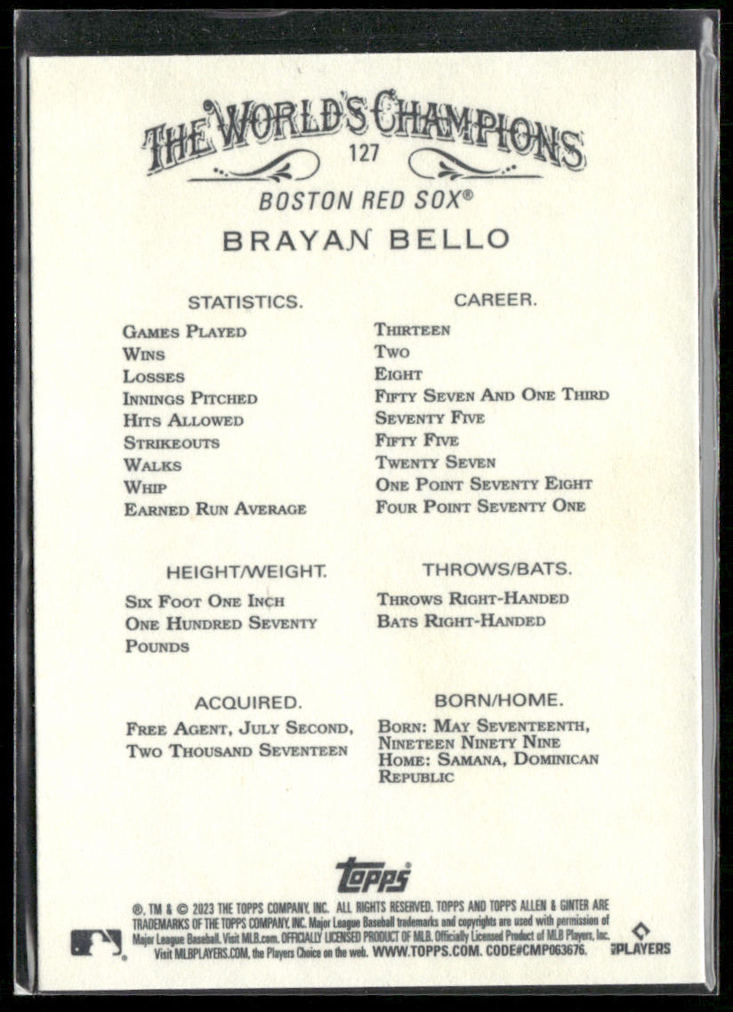 Brayan Bello 2023 Topps Allen & Ginter #127 RC Boston Red Sox