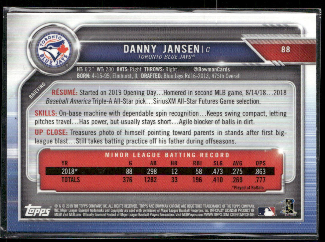 Danny Jansen 2019 Bowman Chrome #88 RC Toronto Blue Jays