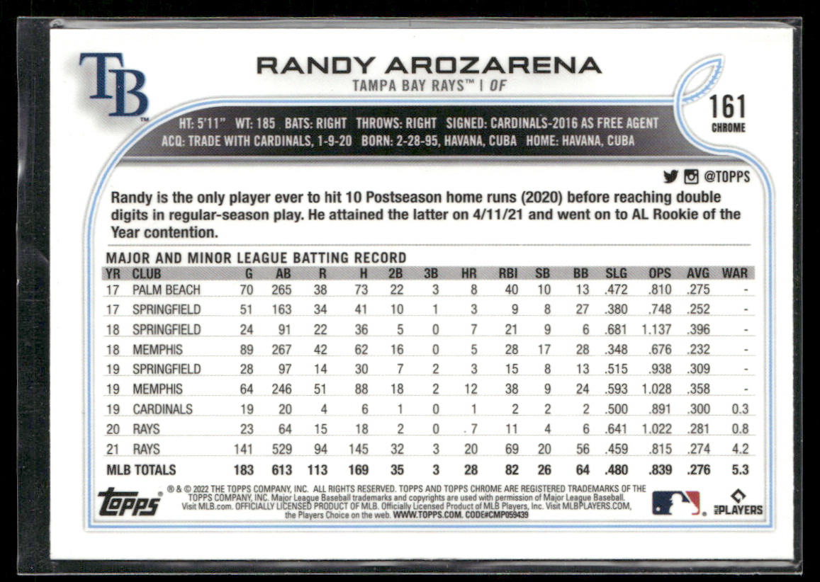 Randy Arozarena 2022 Topps Chrome Sonic #161 Tampa Bay Rays