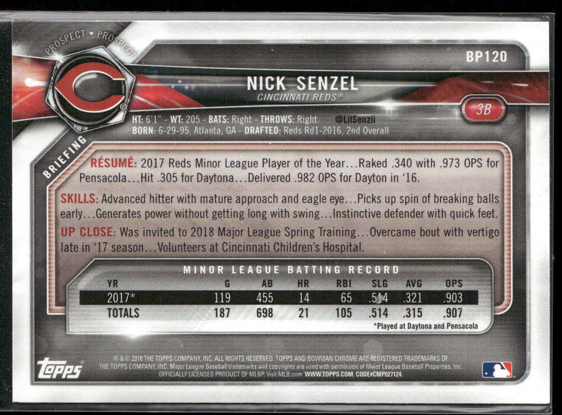 Nick Senzel 2018 Bowman Prospects #BP120 Cincinnati Reds