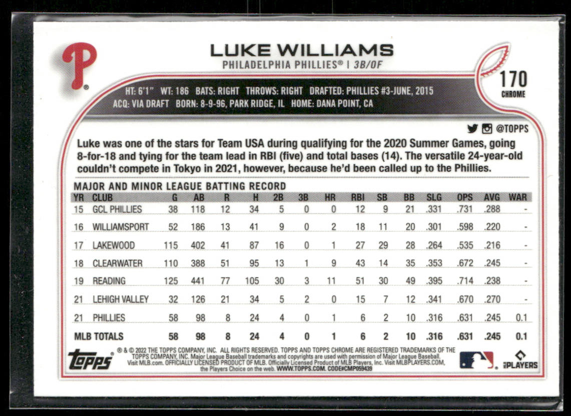 Luke Williams 2022 Topps Chrome Sonic #170 RC Philadelphia Phillies