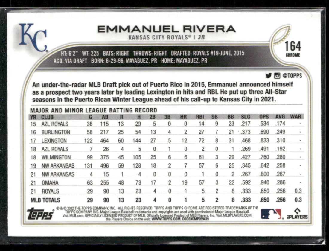 Emmanuel Rivera 2022 Topps Chrome Sonic #164 RC Kansas City Royals