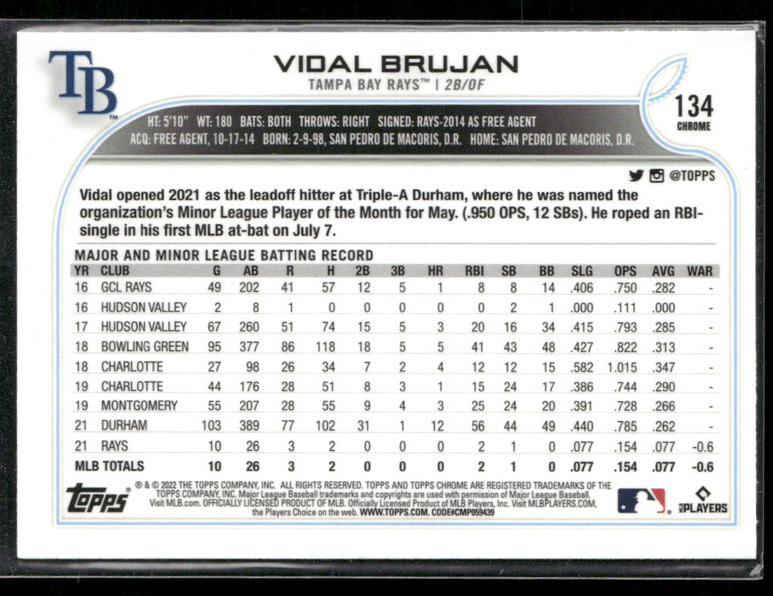 Vidal Brujan 2022 Topps Chrome Sonic #134 RC Tampa Bay Rays