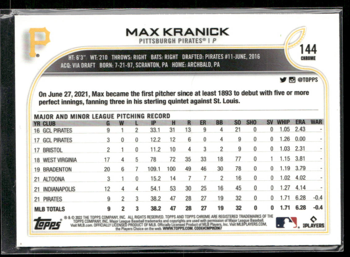 Max Kranick 2022 Topps Chrome #144 RC Pittsburgh Pirates