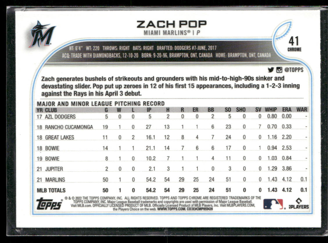 Zach Pop 2022 Topps Chrome Sonic #41 RC Miami Marlins