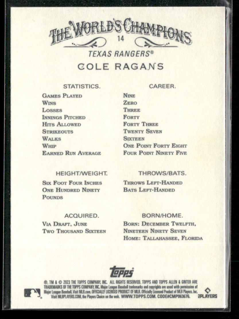 Cole Ragans 2023 Topps Allen & Ginter #14 RC Texas Rangers