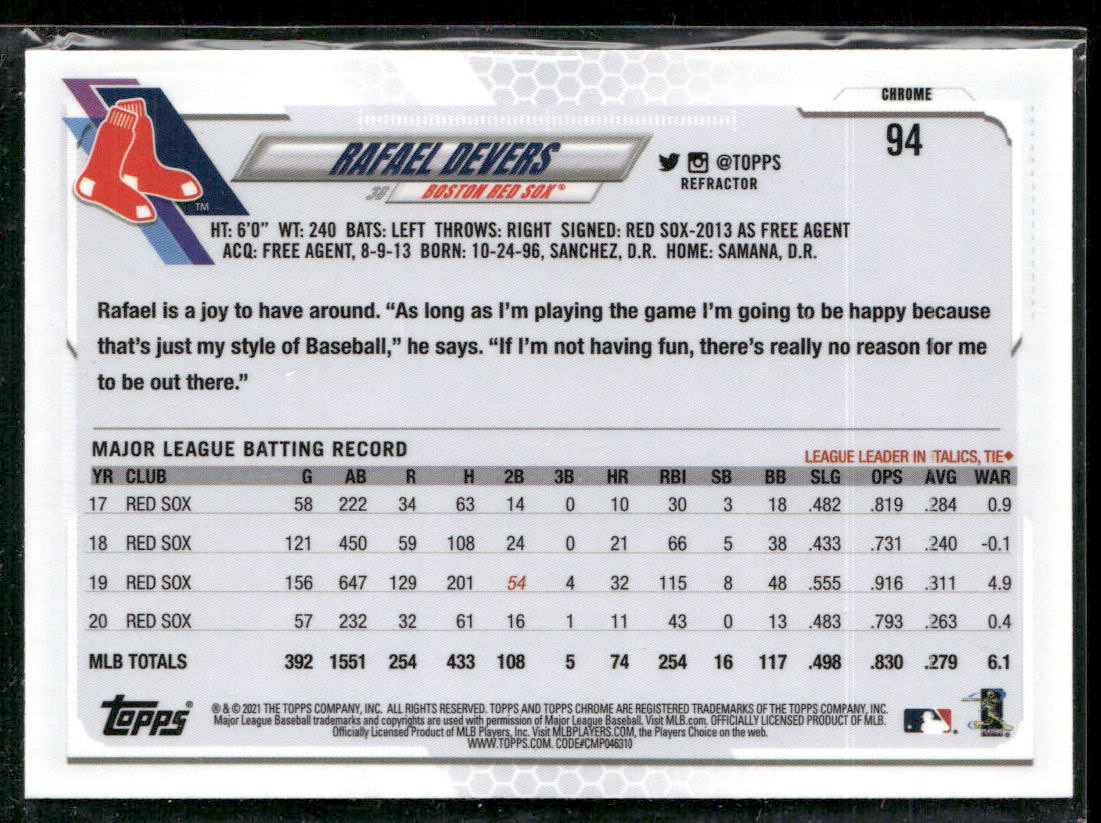Rafael Devers 2021 Topps Chrome Refractor #94 Boston Red Sox