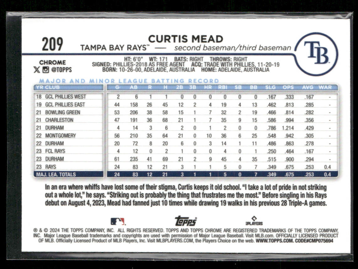 Curtis Mead 2024 Topps Chrome Sepia Refractors #209 RC Tampa Bay Rays