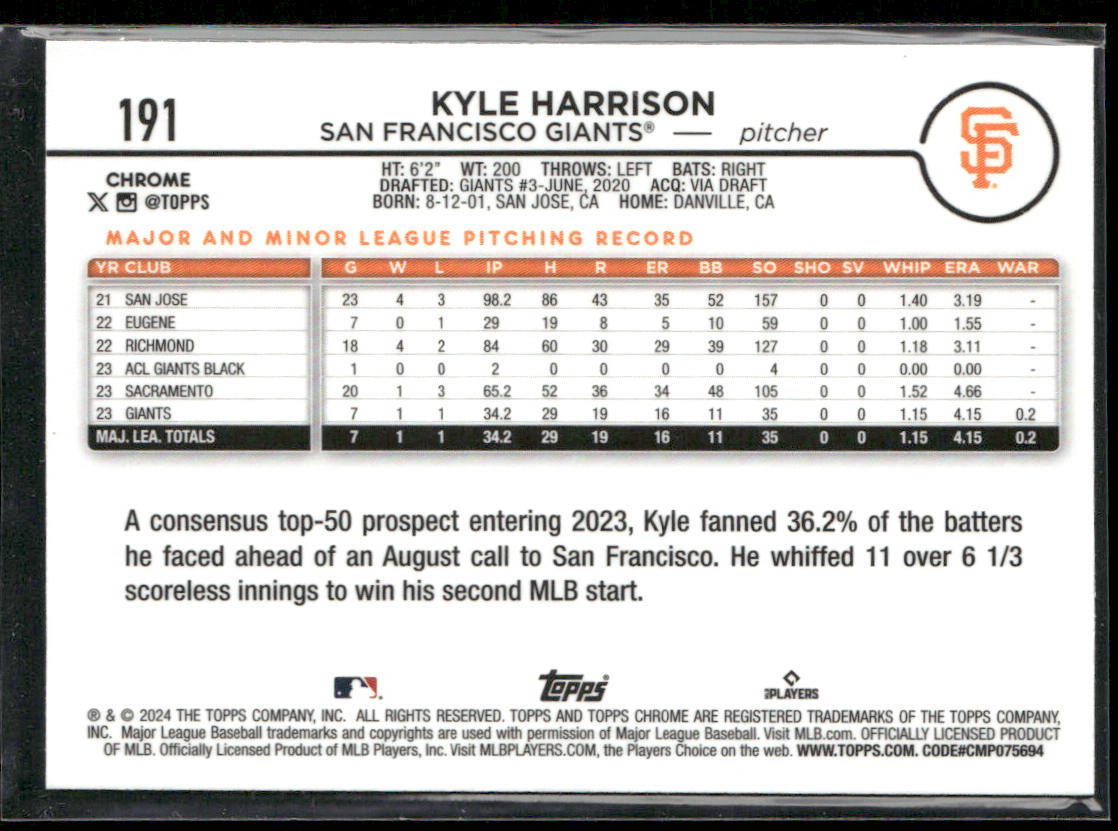 Kyle Harrison 2024 Topps Chrome Raywave Refractors #191 RC San Francisco Giants