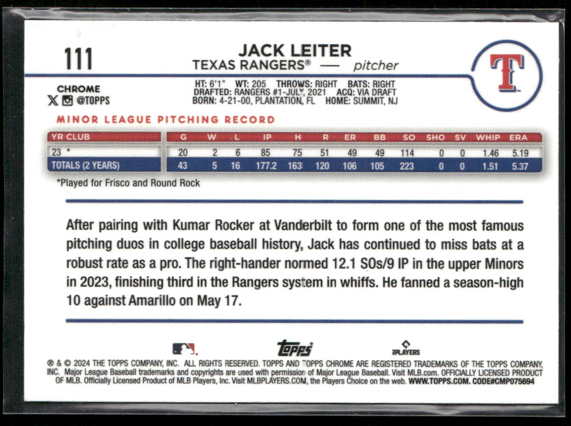 Jack Leiter 2024 Topps Chrome Pink Refractors #111 RC Texas Rangers