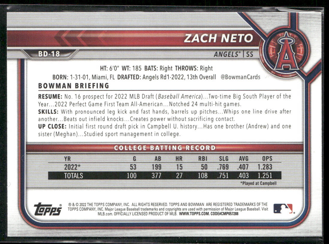 Zach Neto 2022 Bowman Draft #BD-18 Los Angeles Angels