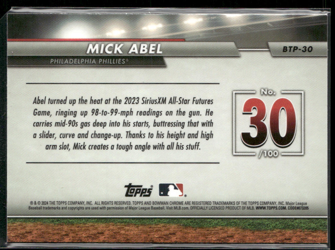Mick Abel 2024 Bowman Bowman Scouts' Top 100 #BTP-30 Philadelphia Phillies