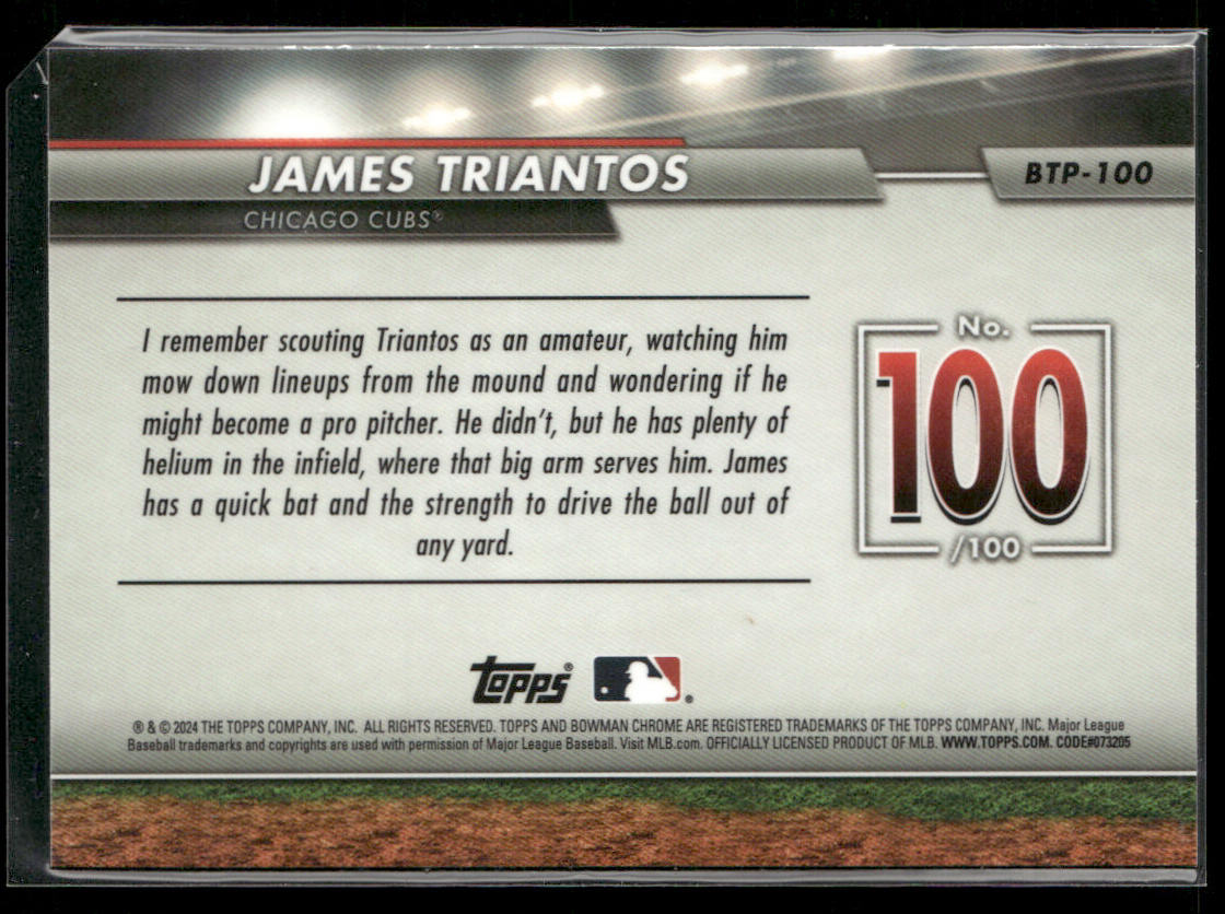 James Triantos 2024 Bowman Bowman Scouts' Top 100 #BTP-100 Chicago Cubs