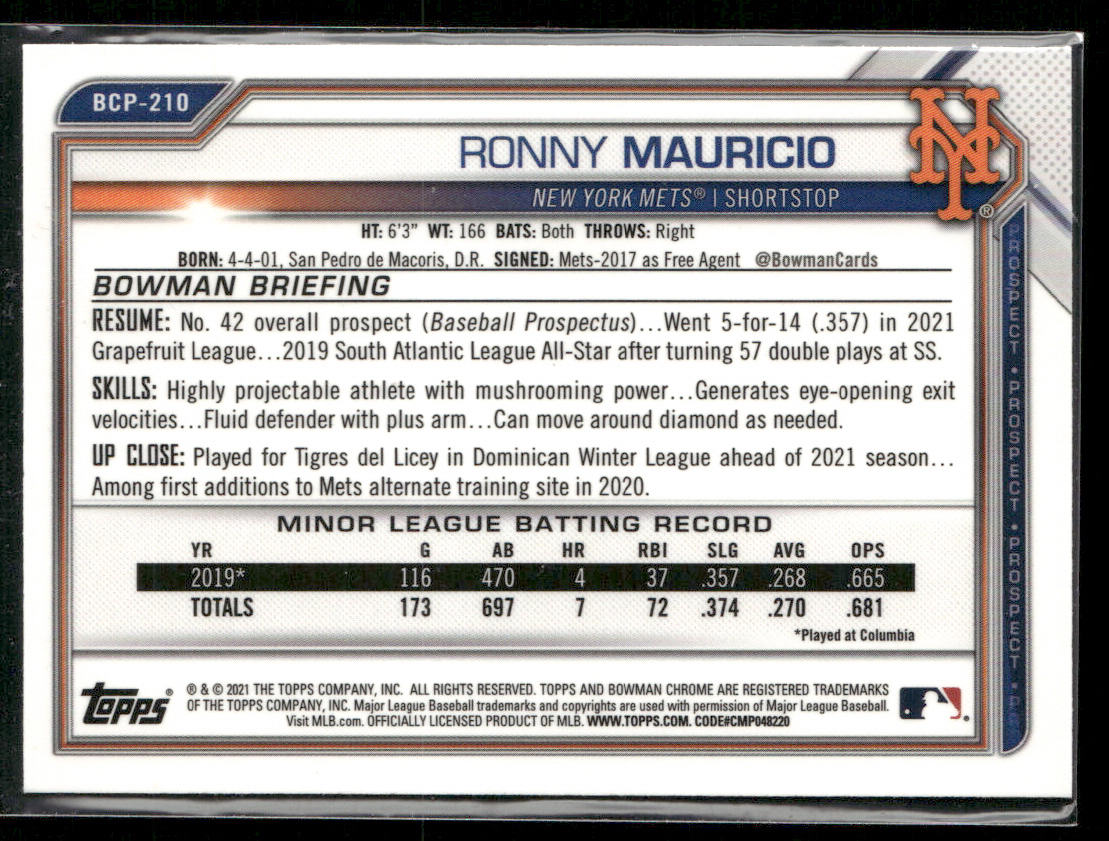 Ronny Mauricio 2021 Bowman Chrome Prospects Mojo Refractor #BCP-210 Mets