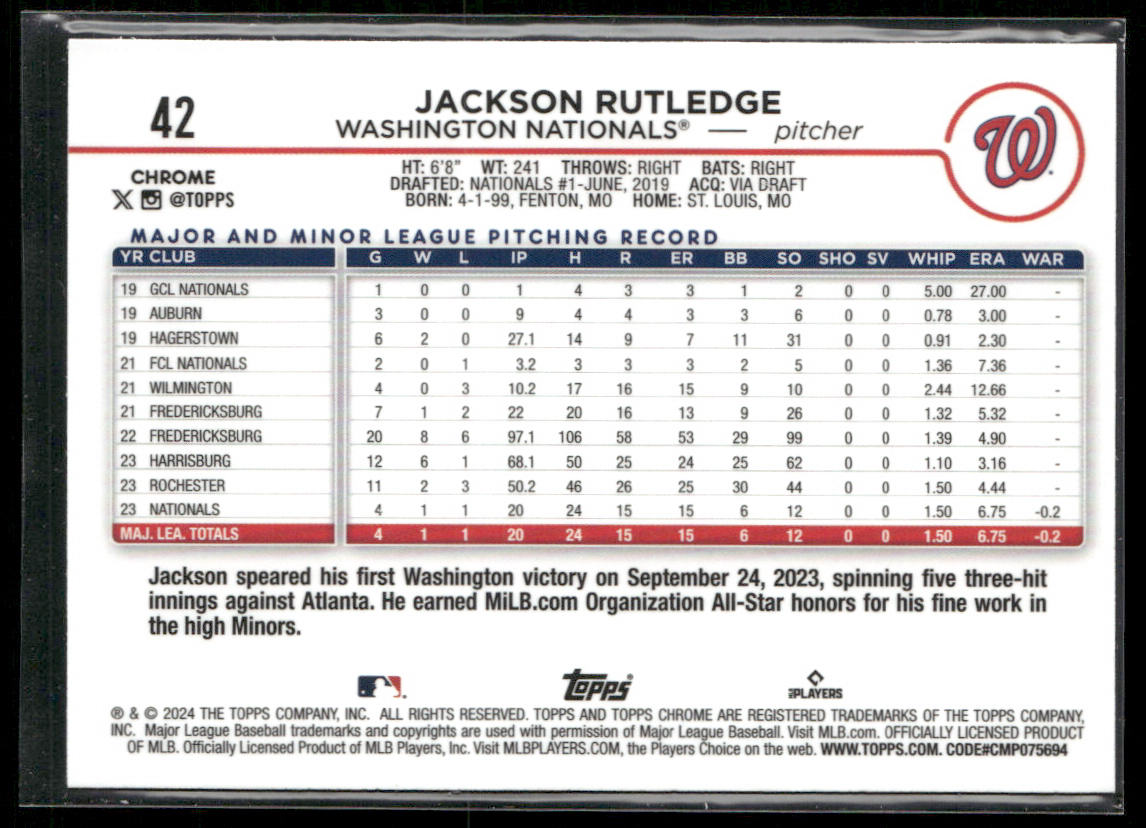 Jackson Rutledge 2024 Topps Chrome Refractors #42 RC Washington Nationals