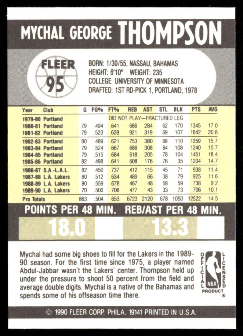 Mychal Thompson 1990-91 Fleer #95 Los Angeles Lakers