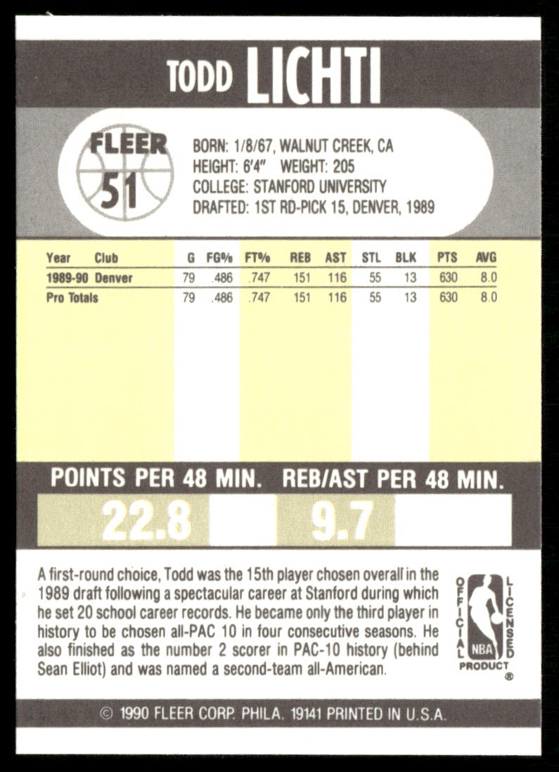 Todd Lichti 1990-91 Fleer #51 RC Denver Nuggets