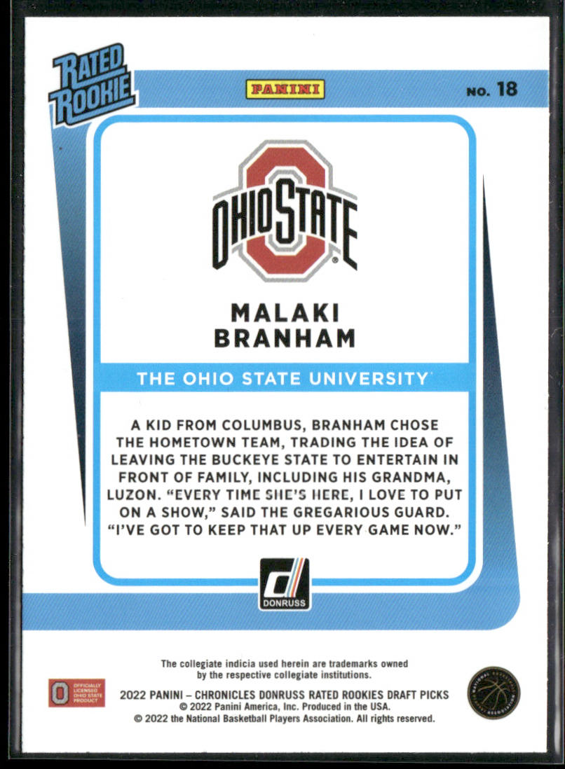 Malaki Branham 2022 Panini Chronicles Draft Picks Donruss Rated Rookies #18