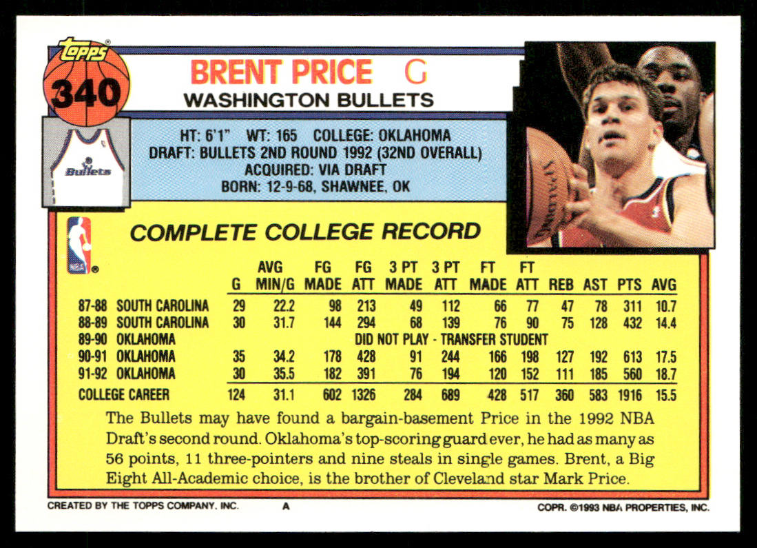 Brent Price 1992-93 Topps #340 RC Washington Bullets