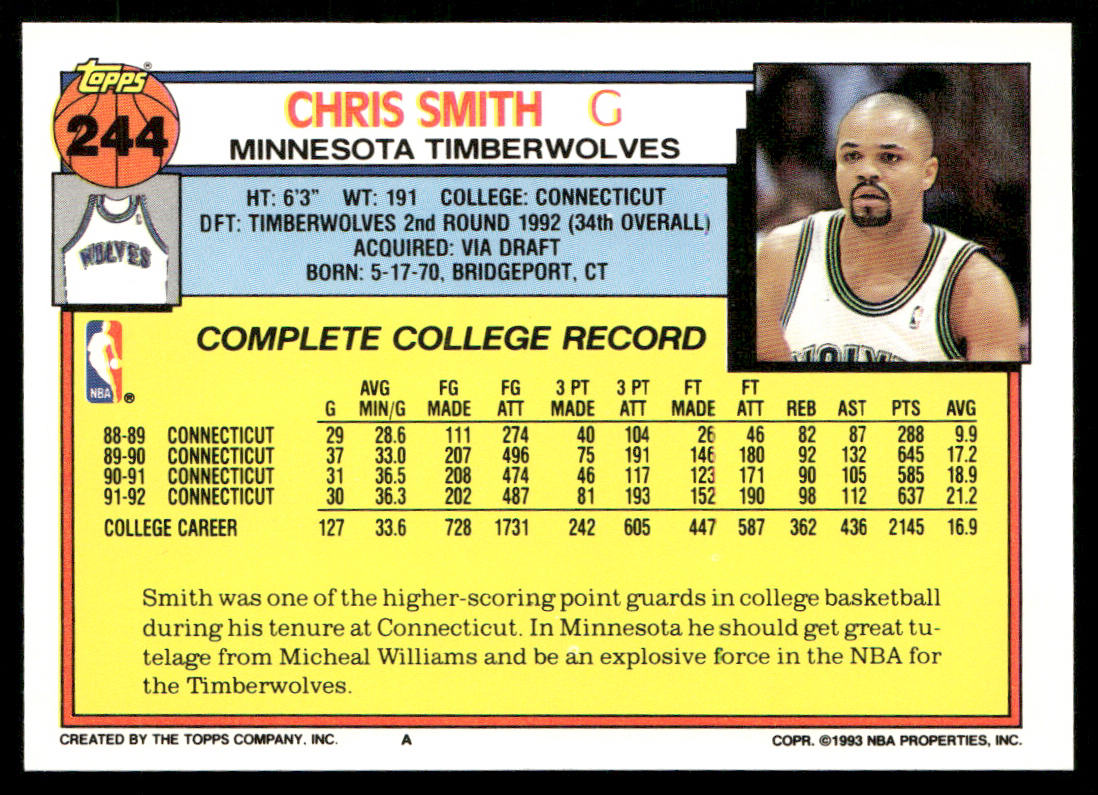 Chris Smith 1992-93 Topps #244 RC Minnesota Timberwolves