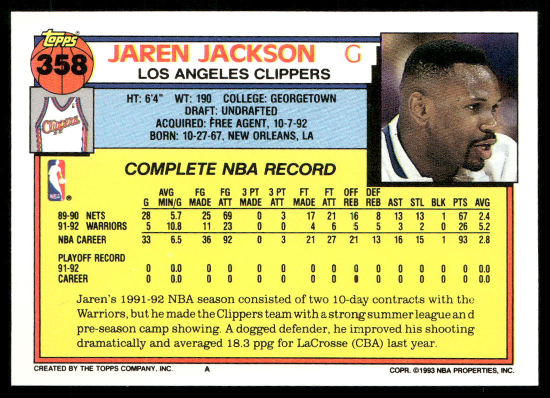 Jaren Jackson 1992-93 Topps Gold #358 RC Los Angeles Clippers