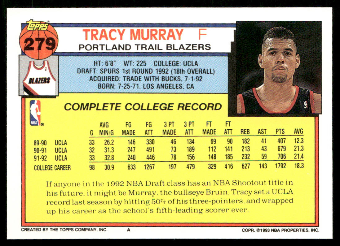 Tracy Murray 1992-93 Topps #279 RC Portland Trail Blazers