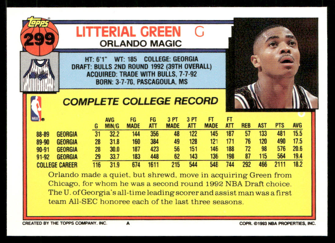 Litterial Green 1992-93 Topps #299 RC Orlando Magic