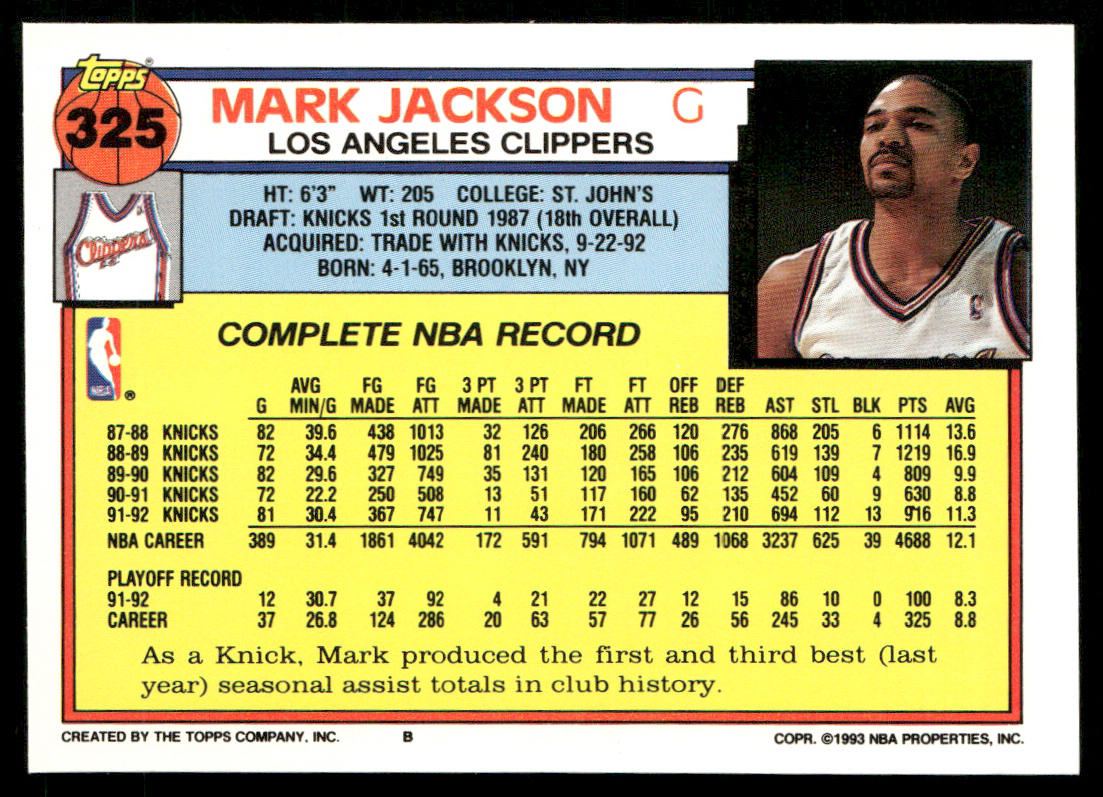 Mark Jackson 1992-93 Topps #325 Los Angeles Clippers