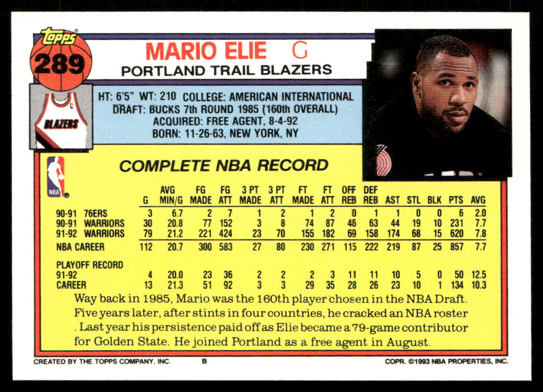 Mario Elie 1992-93 Topps #289 Portland Trail Blazers