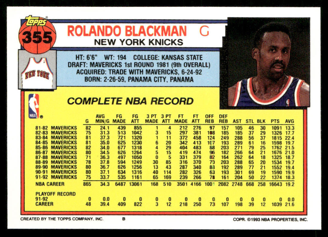 Rolando Blackman 1992-93 Topps #355 New York Knicks