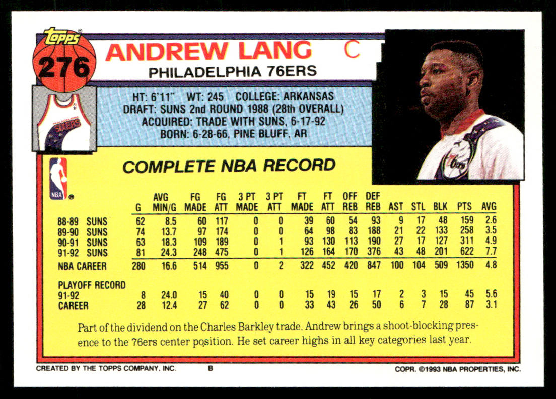 Andrew Lang 1992-93 Topps #276 Philadelphia 76ers
