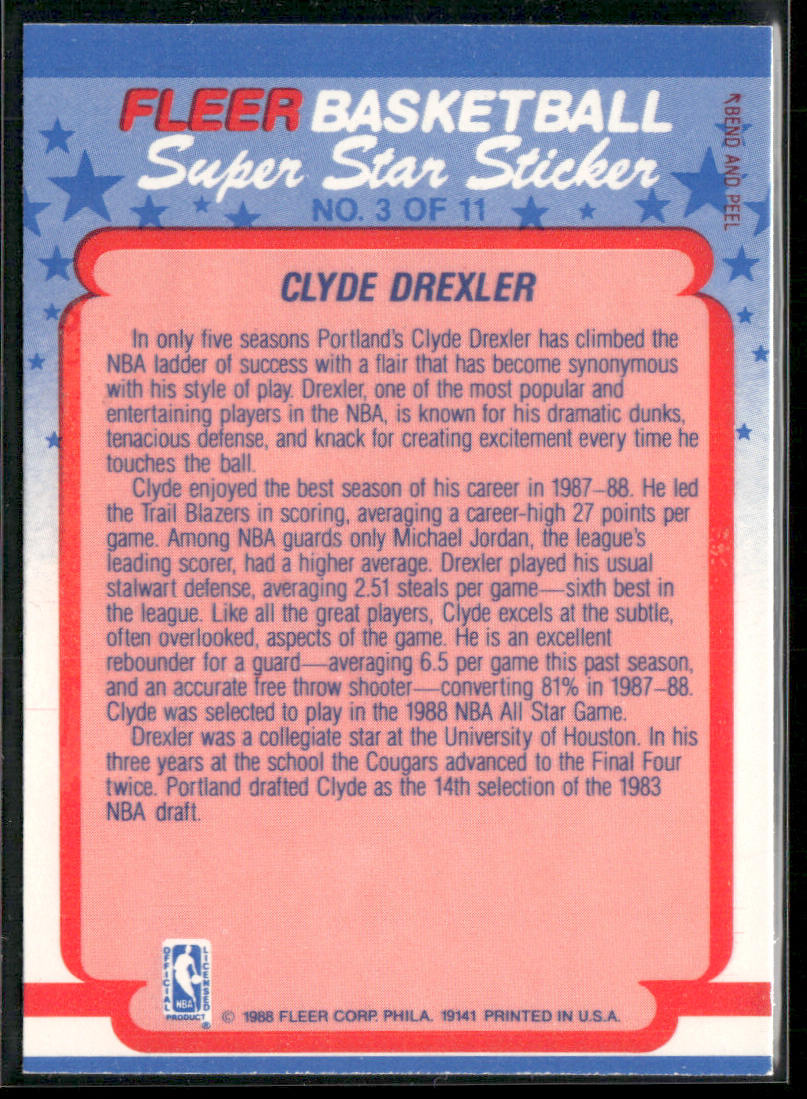 Clyde Drexler 1988-89 Fleer Stickers #3 Portland Trail Blazers