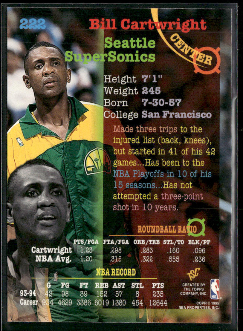 Bill Cartwright 1994-95 Stadium Club #222 Seattle SuperSonics