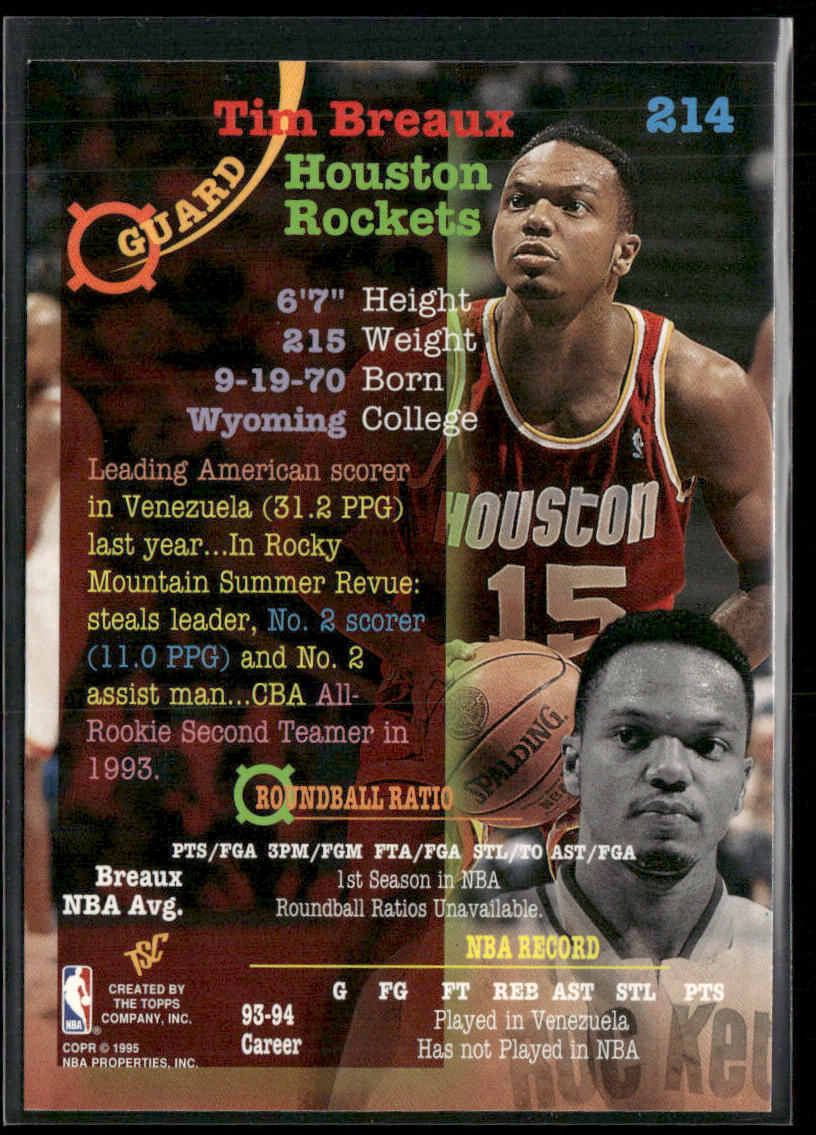 Tim Breaux 1994-95 Stadium Club #214 RC Houston Rockets