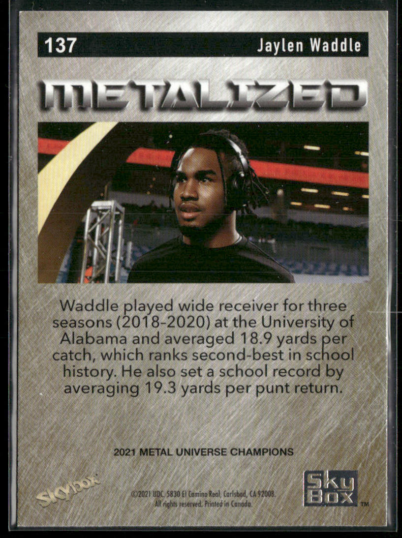 Jaylen Waddle 2021 SkyBox Metal Universe Champions Copper #137 back