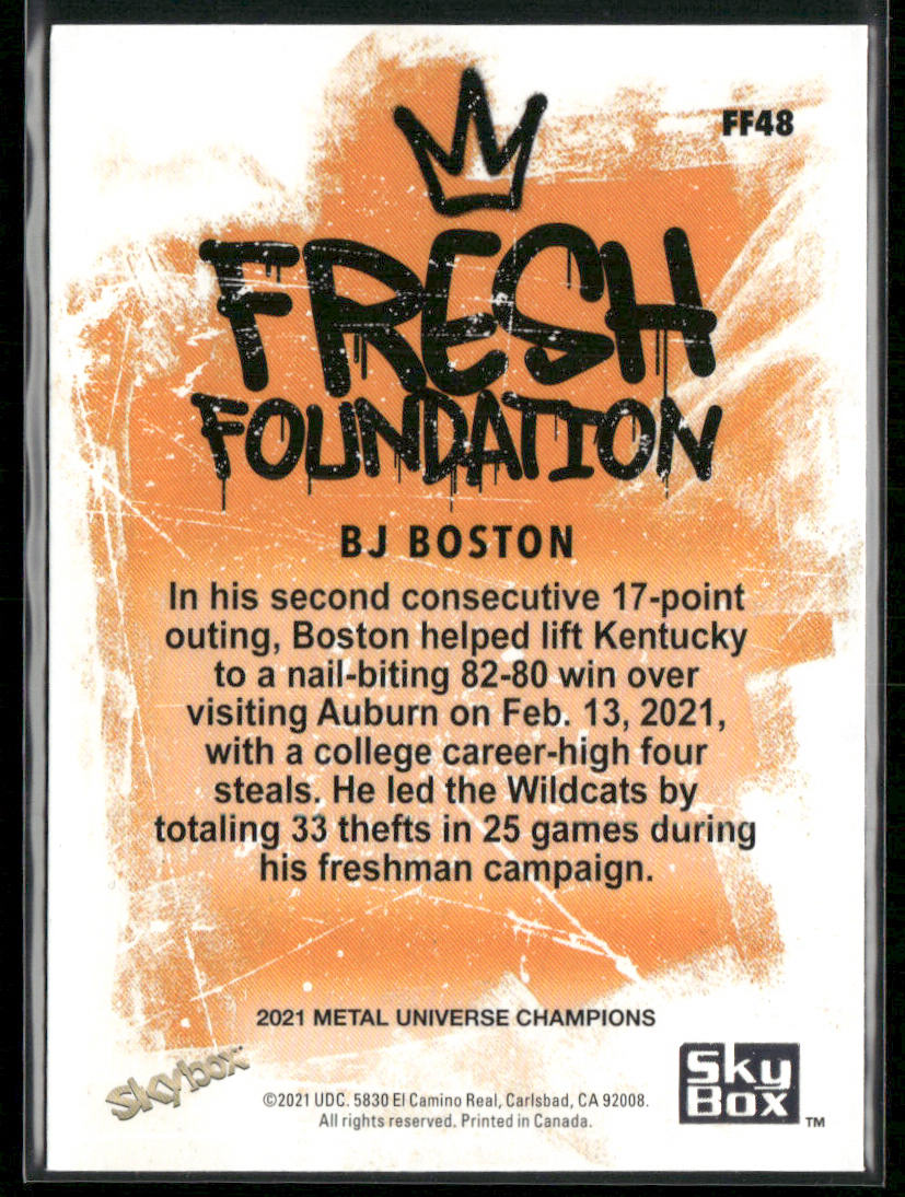 BJ Boston 2021 SkyBox Metal Universe Champions Fresh Foundation #FF48 back