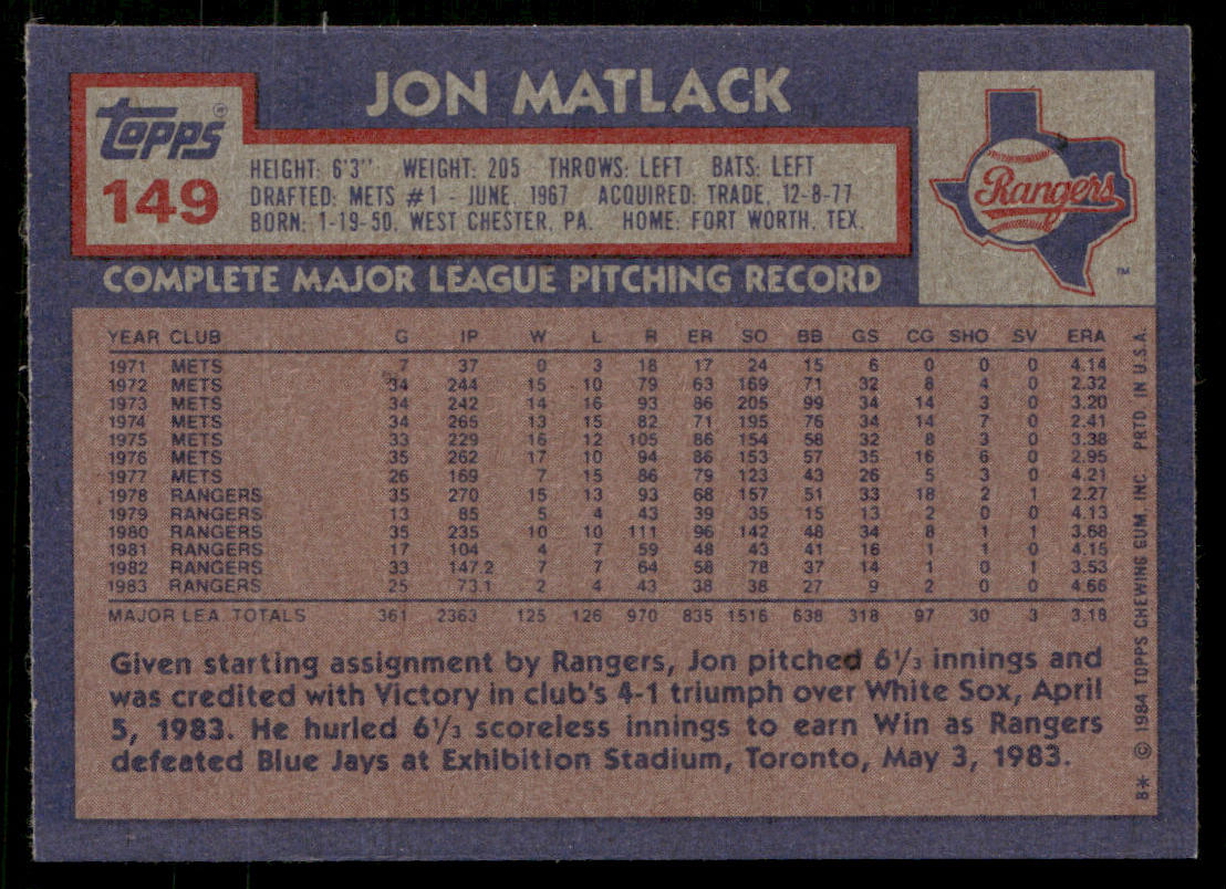 Jon Matlack 1984 Topps #149 Texas Rangers
