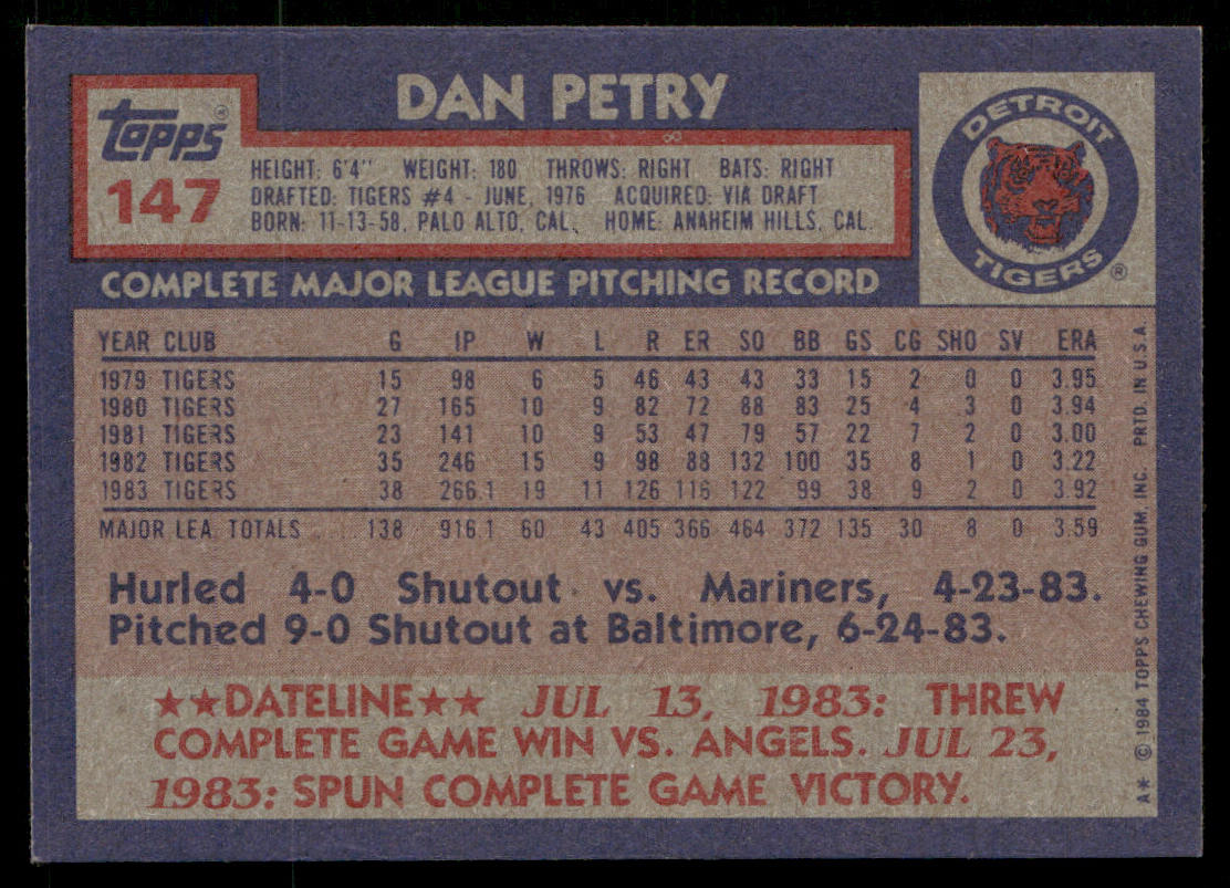 Dan Petry 1984 Topps #147 Detroit Tigers