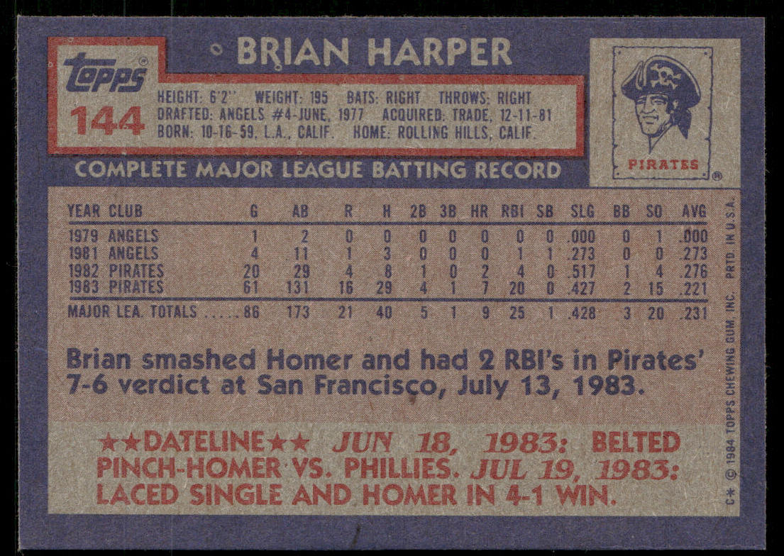 Brian Harper 1984 Topps #144 RC Pittsburgh Pirates