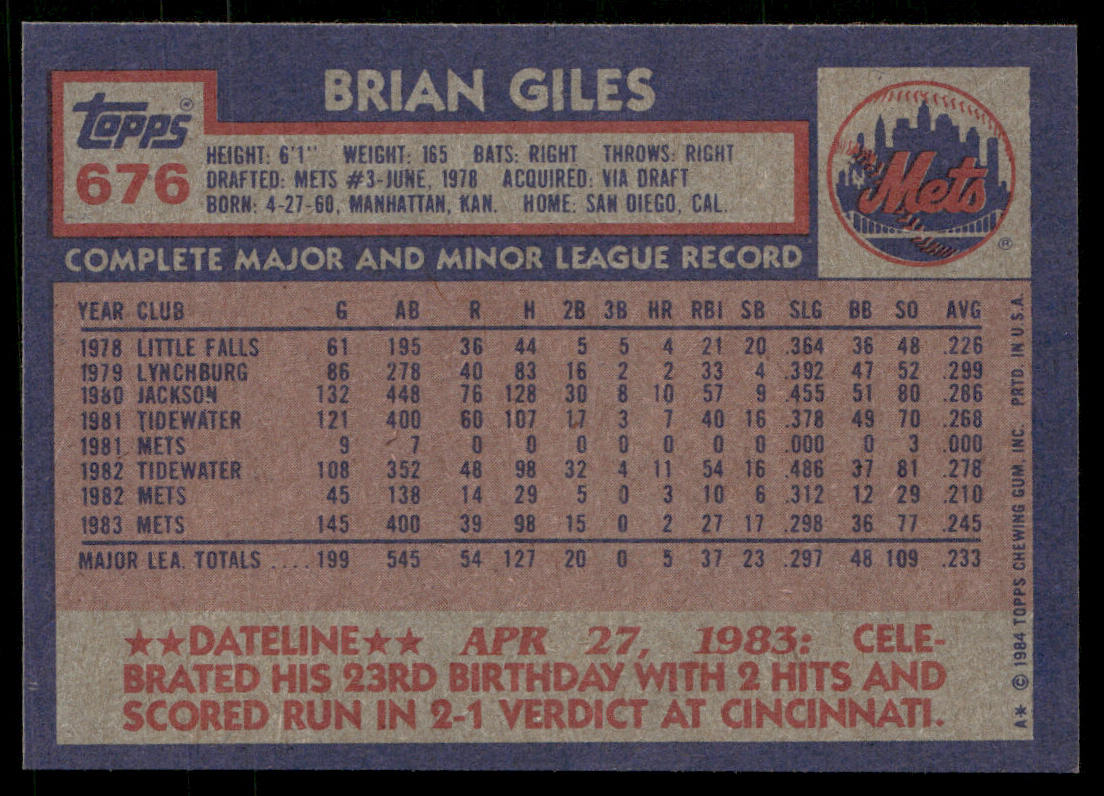 Brian Giles 1984 Topps #676 New York Mets