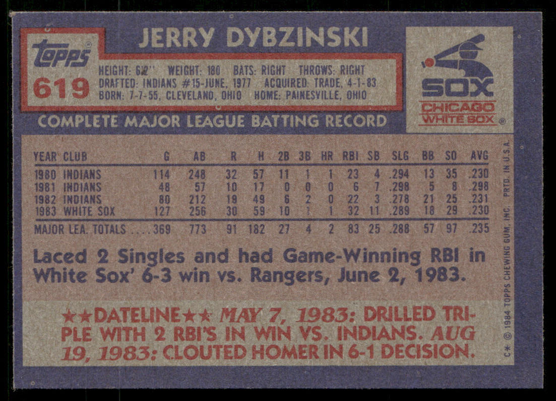 Jerry Dybzinski 1984 Topps #619 Chicago White Sox
