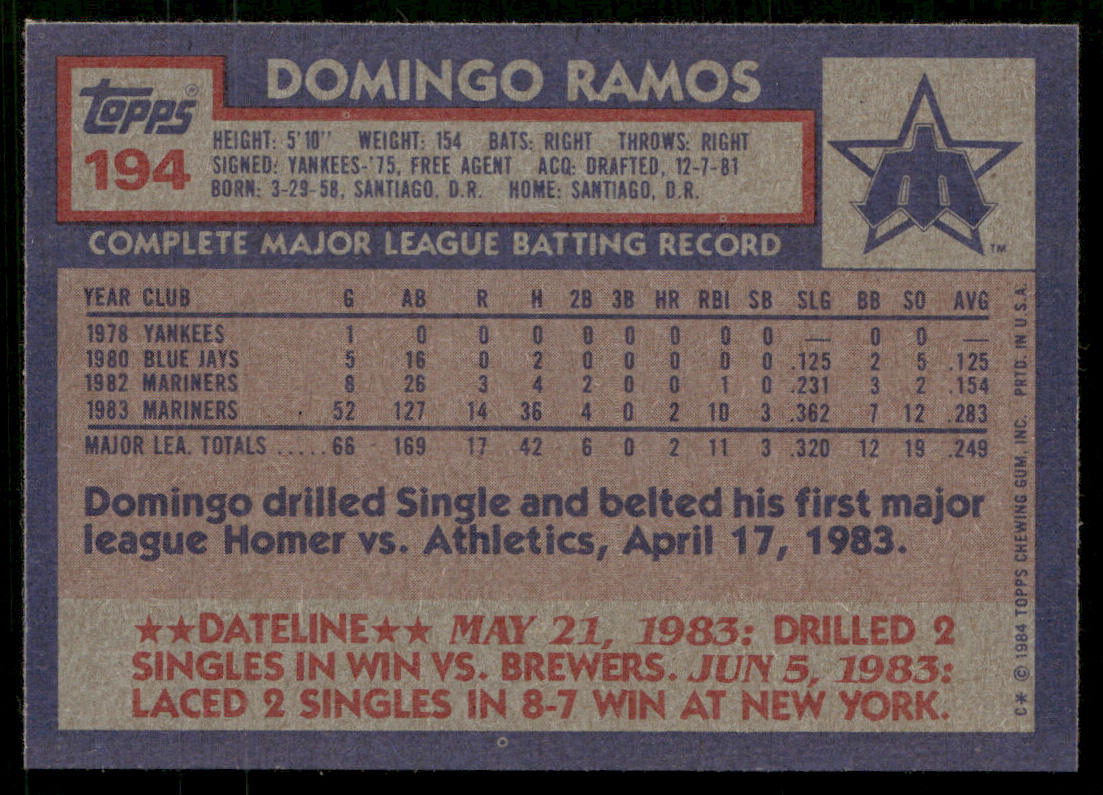 Domingo Ramos 1984 Topps #194 RC Seattle Mariners