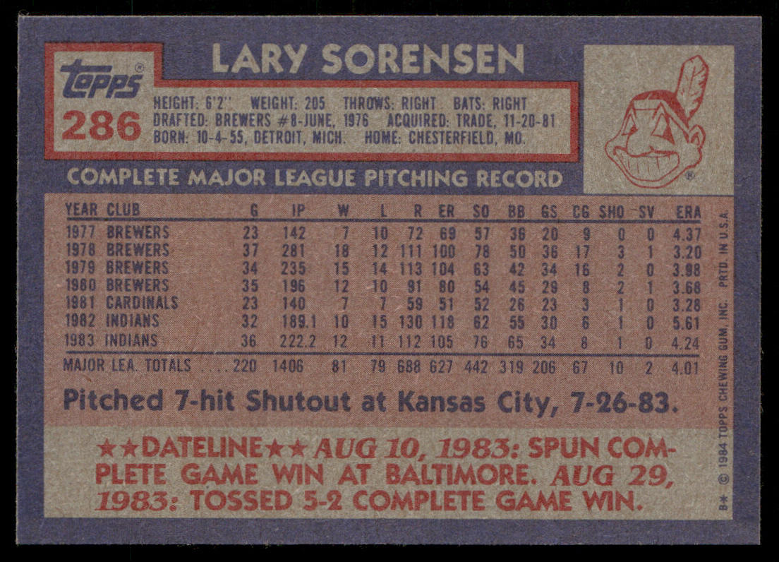 Lary Sorensen 1984 Topps #286 Cleveland Indians