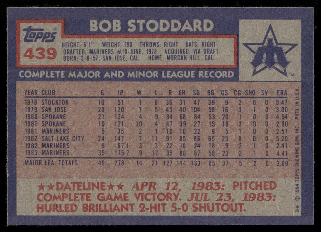 Bob Stoddard 1984 Topps #439 Seattle Mariners