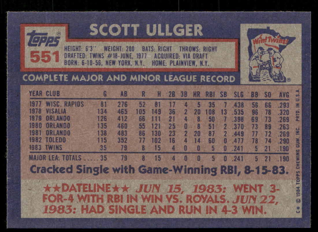 Scott Ullger 1984 Topps #551 RC Minnesota Twins