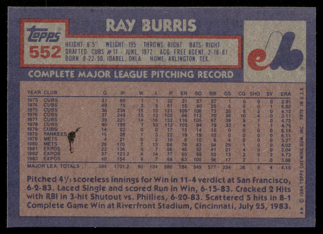Ray Burris 1984 Topps #552 Montreal Expos