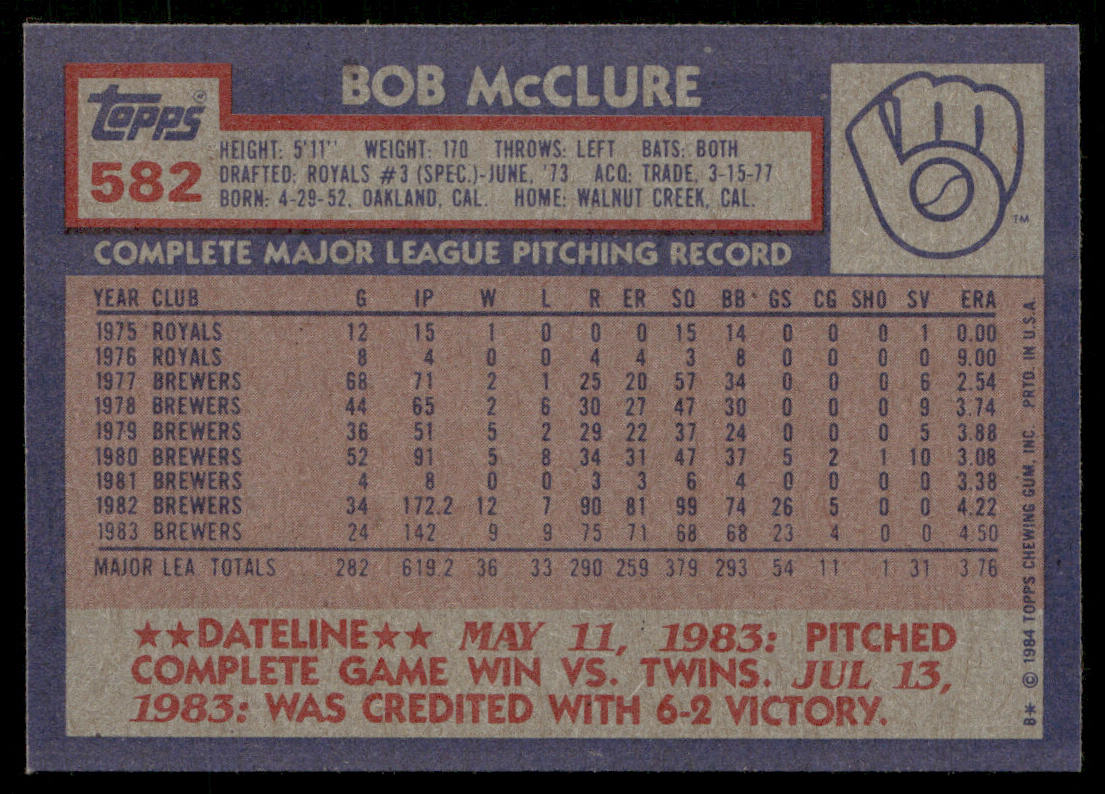 Bob McClure 1984 Topps #582 Milwaukee Brewers